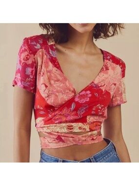 Free People Ashley Wrap Crop Top Patchwork Red Pink M NWT $98